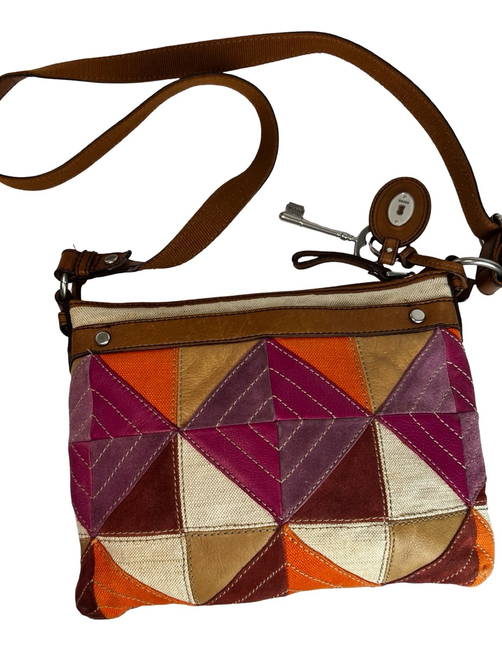Fossil ZB4687 Patchwork Crossbody Bag Y2K Boho Leather Canvas Key Charm - Picture 5 of 12